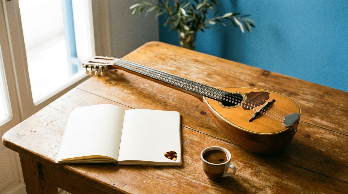 A trichordo bouzouki on a sunlit table beside a notebook, plectrum and Greek coffee