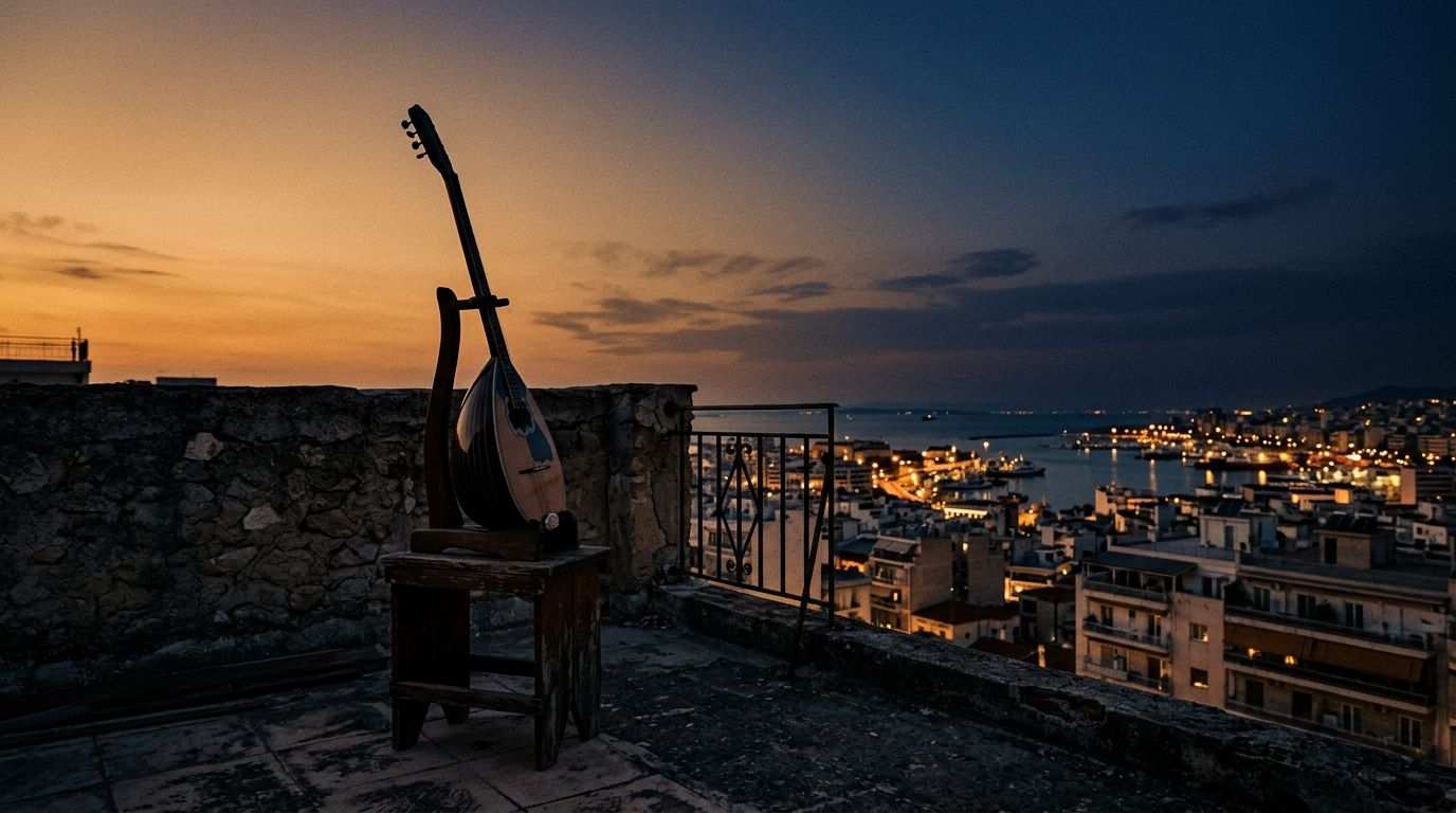 A bouzouki silhouetted against an amber and indigo dusk sky over Piraeus rooftops