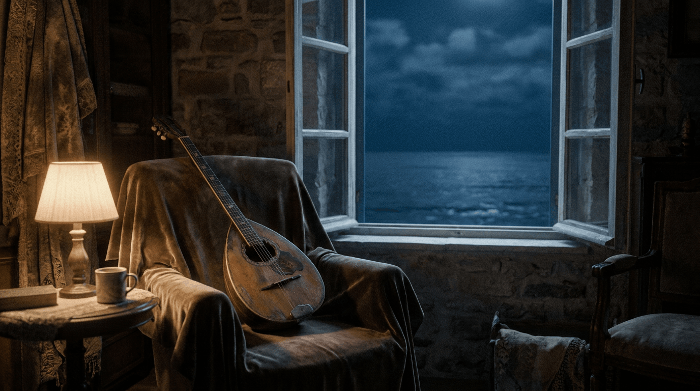 A bouzouki on a chair in a lamplit room at night, moonlight on the sea through the open window