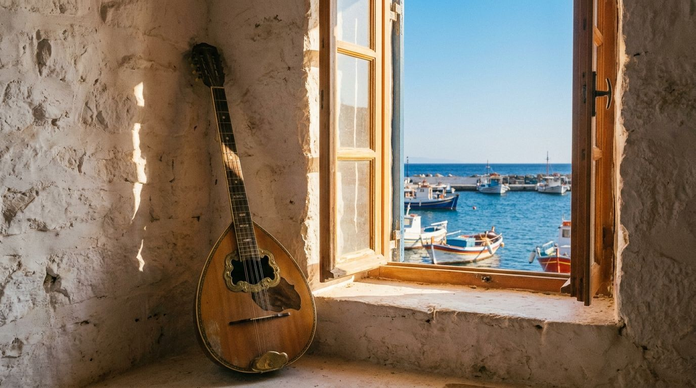 Πρωινό φως από ανοιχτό παράθυρο πάνω σε μπουζούκι, έξω λιμάνι του Αιγαίου με ψαρόβαρκες