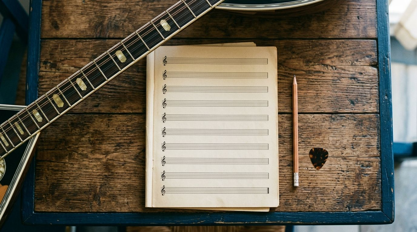 A notebook with empty staff lines, a pencil and a plectrum beside a bouzouki neck on a wooden table