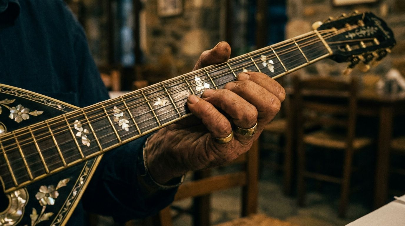 Close-up of hands on the fretboard of a mother-of-pearl inlaid trichordo bouzouki