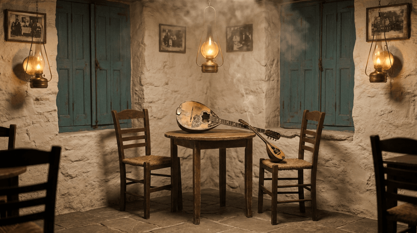 A 1930s Piraeus taverna with a bouzouki and baglamas resting on a small wooden table