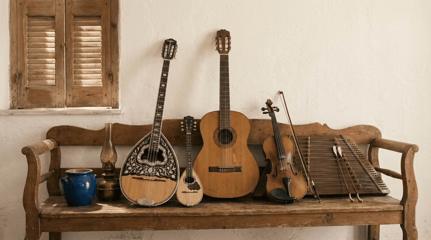 Rembetiko instruments arranged on a wooden bench: bouzouki, baglamas, guitar, violin and santouri