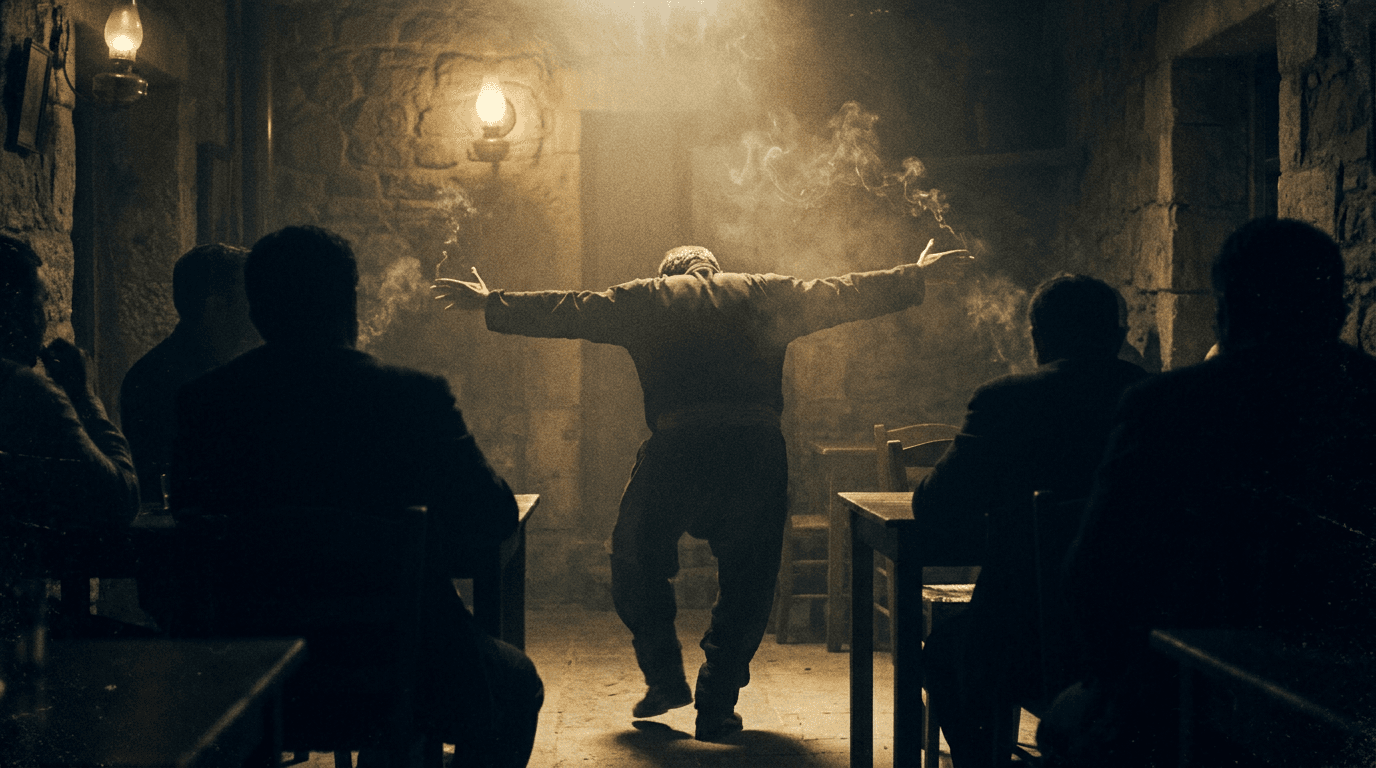 A lone dancer in silhouette, arms outstretched, dancing zeibekiko in a dim taverna