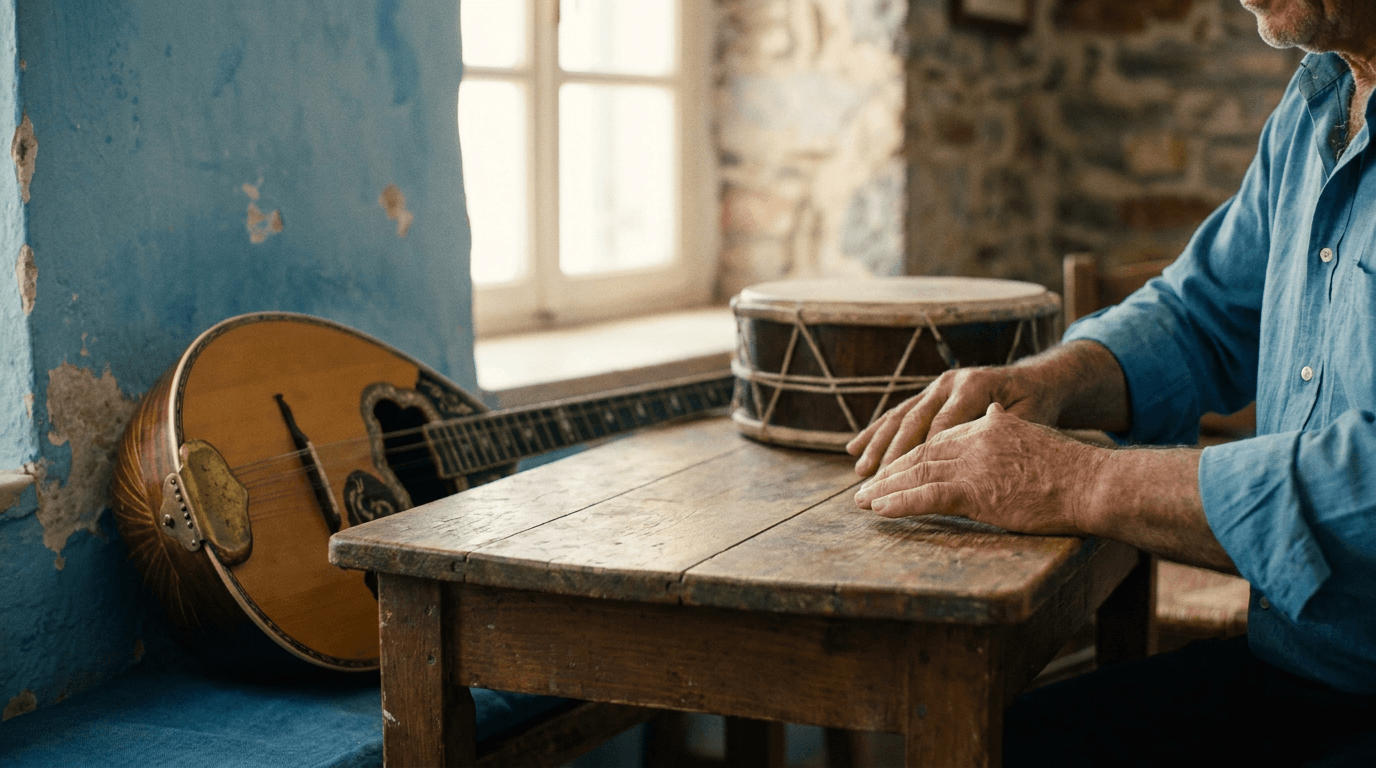 Weathered hands tapping a rhythm on a taverna table beside a toubeleki, a bouzouki leaning against the blue wall